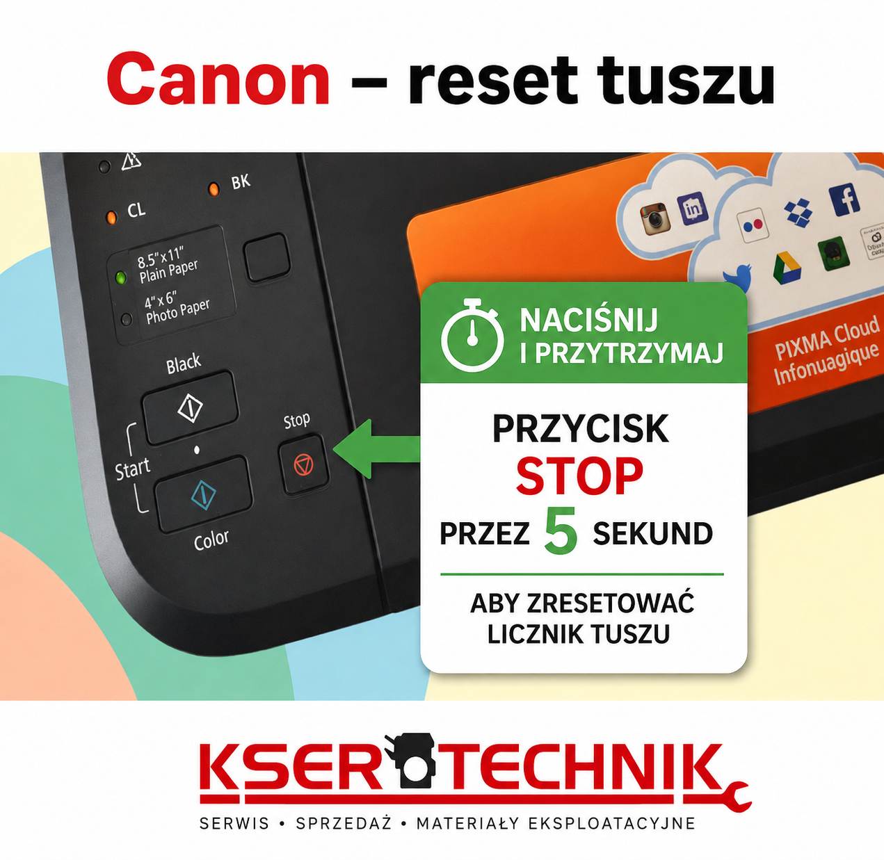 Canon reset tuszu – przytrzymaj przycisk STOP przez 5 sekund